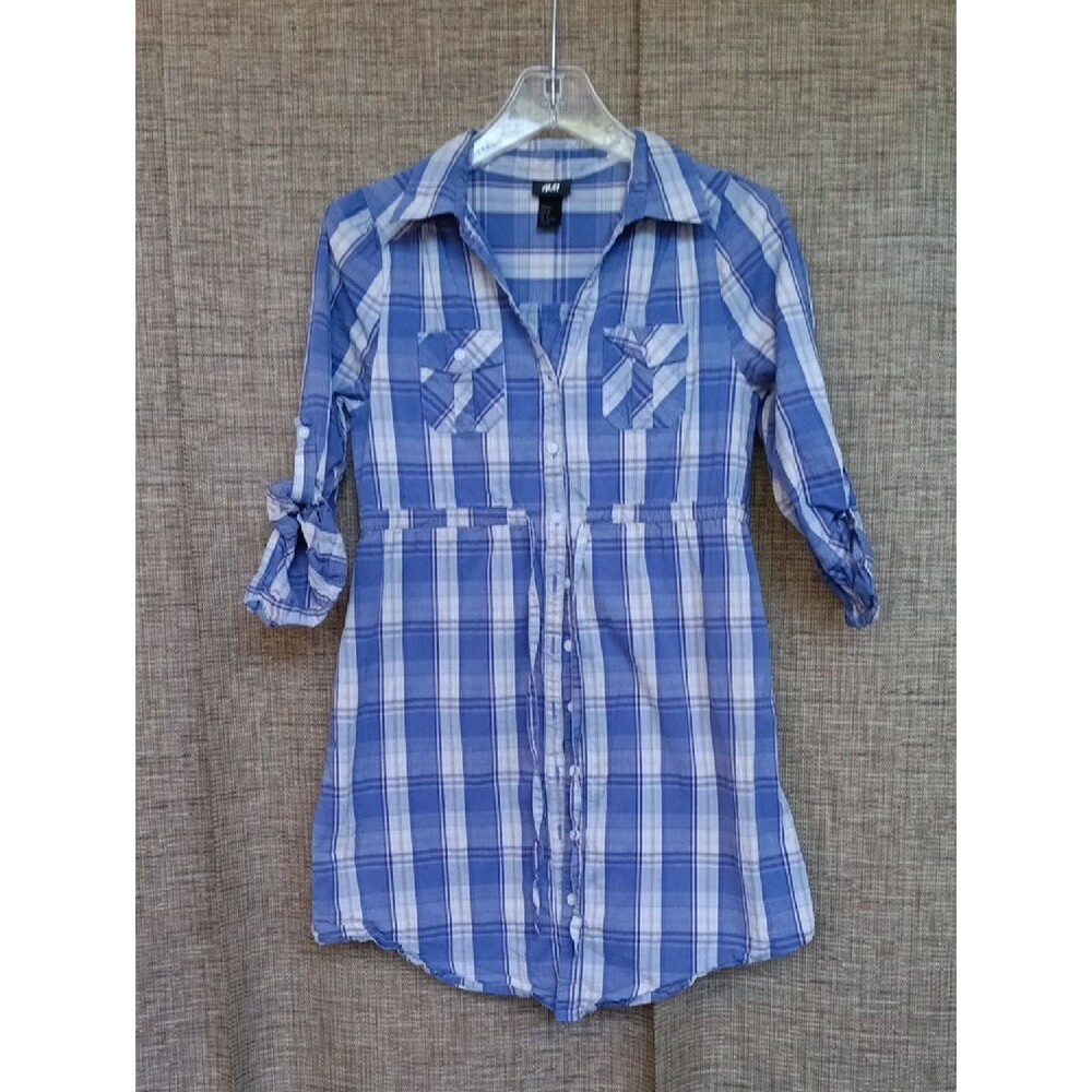 H&M Girl's Blue and White Plaid Button-Front Shirt Dress